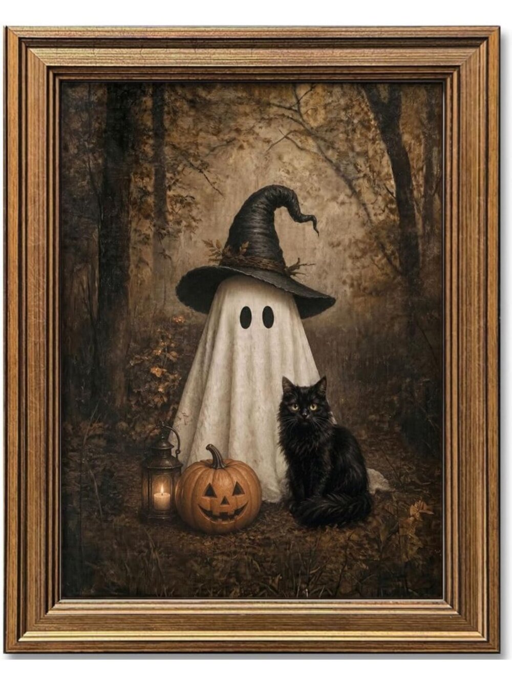 Vintage Halloween Wall Art - Cute Ghost & Black Cat Canvas Print, Spooky Decor